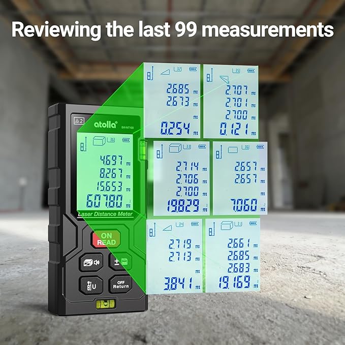 atolla Laser Measure 328Ft, Digital Laser Distance Meter with 2 Bubble Levels,Portable M/in/Ft Unit Switching Backlit LCD, Measuring Distance/Area/Volume/Pythagorean and Waterproof IP54 (Red Laser)