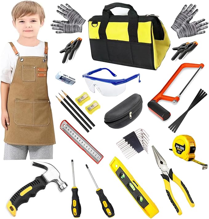 38-Piece Kids Real Tool Set with Tool Bag & Woodworker Apron, Hand Saw, Children Construction Tools for Ages 6+, Boys & Girls Birthday Gift for DIY Building and Woodworking