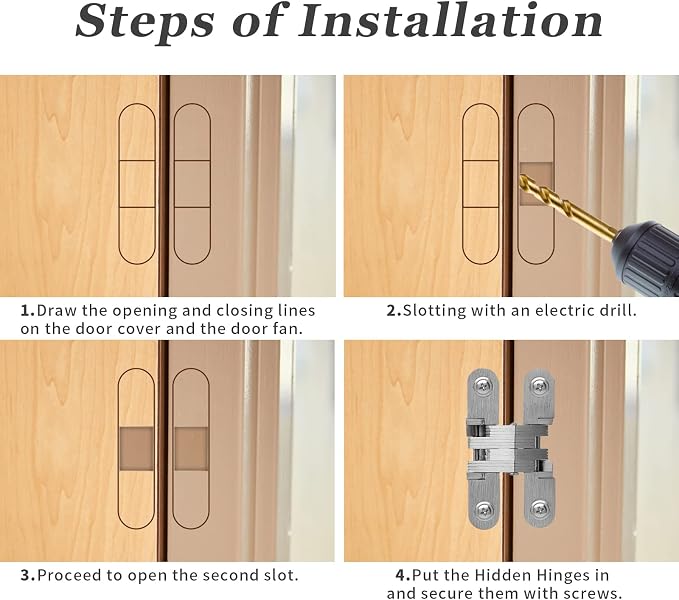 Hidden Gate Hinge 2-3/8" Stainless Steel 180 Degree Invisible Cross Hinges for Kitchen Cabinet Door Frameless Concealed Hinge with Screws, 4pcs