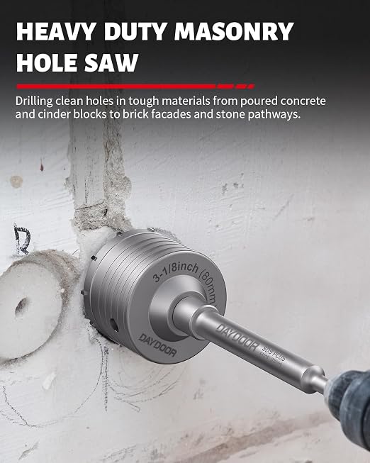 DAYDOOR 3-1/8'' (80mm) Concrete Hole Saw with SDS Plus Shank Adapter, Tungsten Carbide Tipped Masonry Hole Saw, Heavy Duty Concrete Core Drill Bit for Brick, Cement Wall, and Stone