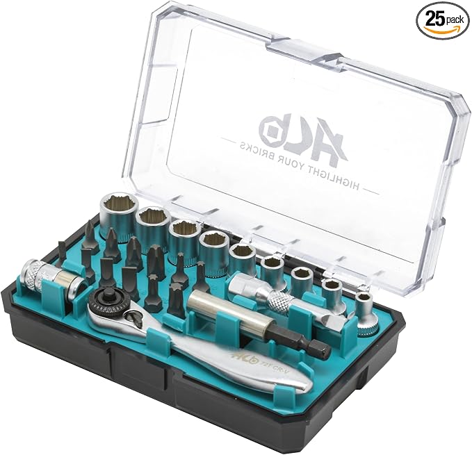 HB 25-Piece 1/4" Drive Socket & Bit Set, 72-Tooth Mini Ratchet Kit
