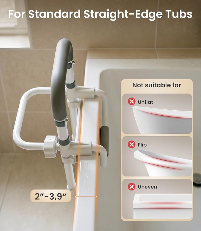 VOCIC Silicone Bathtub Grab Bars for Seniors, Height Adjustable, Clamp On Tub Rails for Elderly Adults Safety