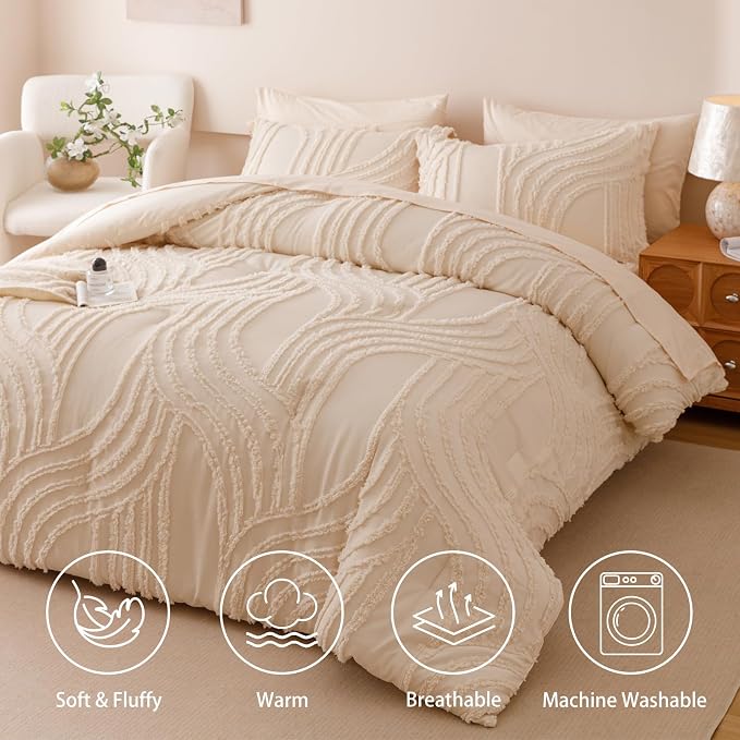 Nttopship Beige King Comforter Set - 7 Pieces Bed in a Bag, Premium Comforters King Size Bed Set Tufted Shabby Chic Bedding Comforter Set with Flat Sheet, Fitted Sheet and Pillowcases,Beige