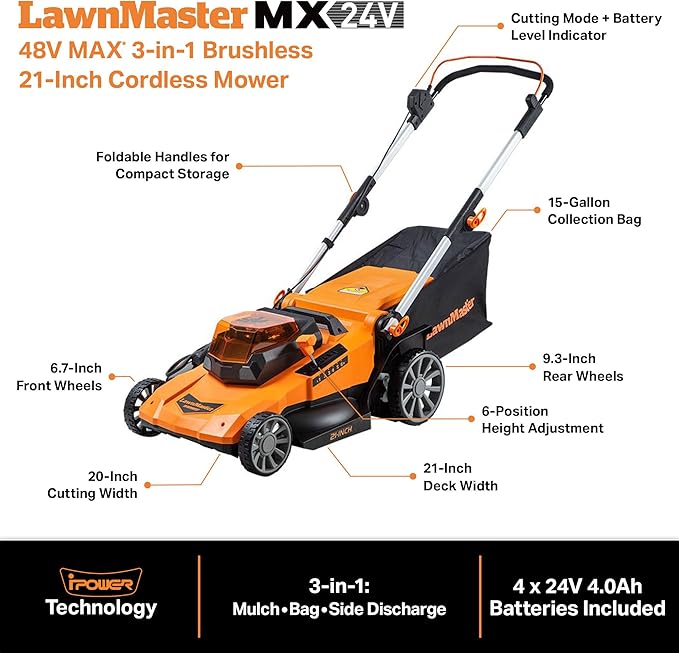 LawnMaster CLMF4821A Cordless Lawn Mower Brushless 48V MAX 21Inch 3-in-1 Function with 4X24V MAX 4.0Ah Battery and a Dual Charger