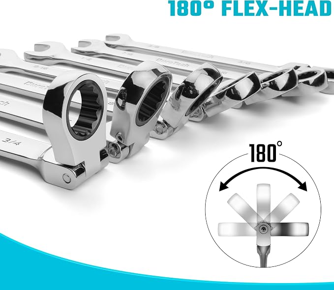 DURATECH 9-Piece Flex-Head Ratcheting Wrench Set, SAE, 5/16" to 3/4" | 5/16", 11/32", 3/8", 7/16", 1/2", 9/16", 5/8", 11/16", 3/4", 72 Tooth, CR-V Steel, Rolling Pouch Included
