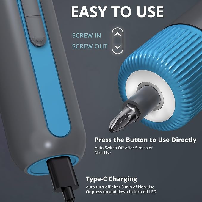 Tilswall 4V Electric Screwdriver Cordless, 10N.m High Torque /260 RPM, Cordless Screwdriver with 4-Level Control, 2200mAh USB-C Fast Charging, 25pc S2 Steel Bits for DIY and Home Repairs (Blue) -W122