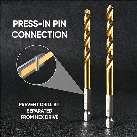 amoolo 1/4 Impact Drill Bit Sets, 10Pcs Titanium HSS Twist Hex Shank Drill Bit Set for Metal, Steel, Wood, Plastic, Quick Change Design
