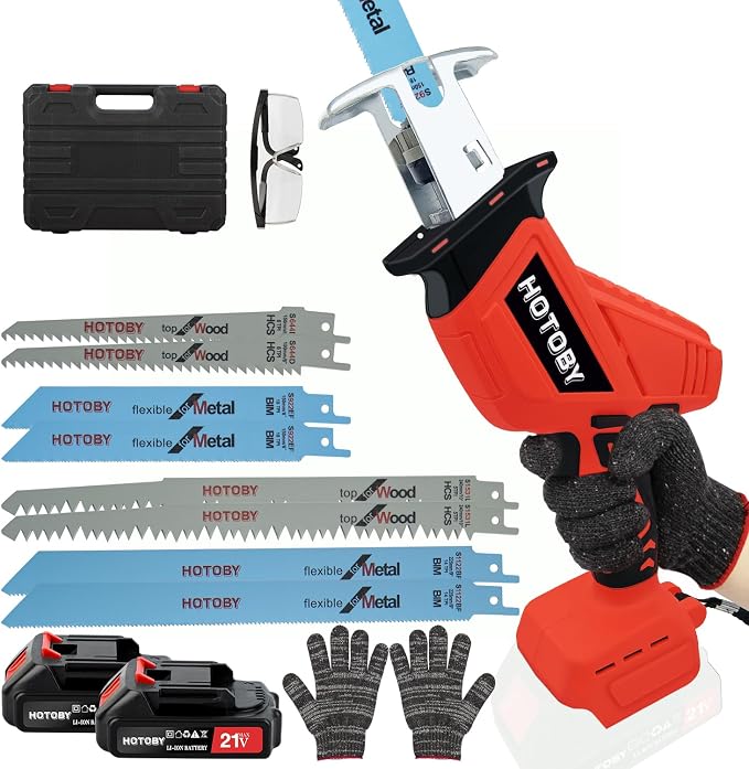 Reciprocating Saw, Cordless, Electric Reciprocating Saw with 2 Batteries, Includeds 8 Blades Kit, Tool-free Blade Change, Variable Speed, Multi-Purpose, For DIY Wood Metal PVC Cutting (Bright Red)