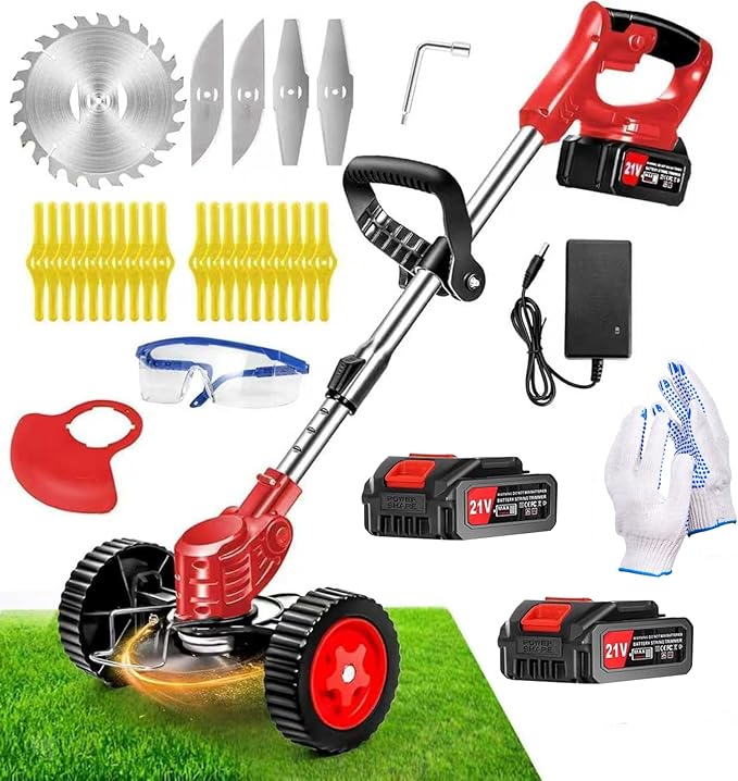 Cordless Weed Wacker, Electric Grass Trimmer 21V 2.0Ah Battery Powered Weed Trimmer, 3 in 1 Stringless Lightweight Brush Cutter/Edger/Mower with 4 Types Blade & Wheels for Garden and Yard Lawn