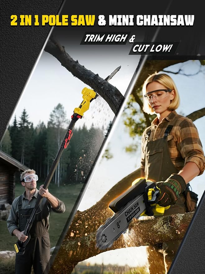 2-in-1 Electric Pole Saw & Mini Chainsaw, 8 & 6 Inch Blade for Tree Trimming, 16 FT Telescopic Reach, Auto Oiling & Tool-Free Tension, 2 Pack 4000mAh Battery Powered for Yard Branch Cutting