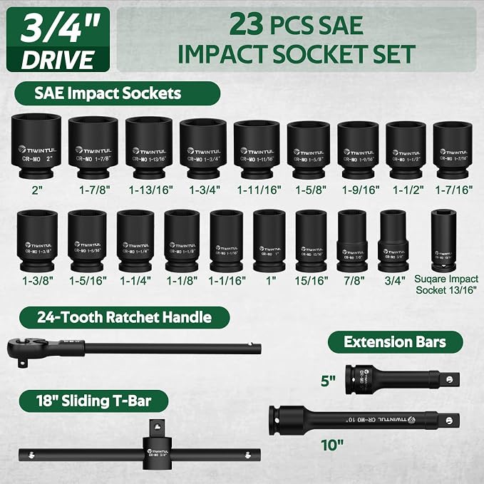 3/4" Drive Deep Impact Socket Set, 23 Pcs, SAE, 3/4" - 2", CR-MO | 6-Point, 24T Ratchet Wrench, 18" Sliding T-Bar & Extension Bars, Metal Storage Case, for Truck, Tractor & Heavy Equipment