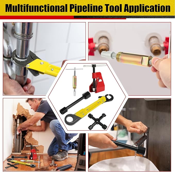 5 Pcs Angle Stop Wrench Kit Plumbing Tool, Compression Sleeve Puller for 1/2" Compression Fitting Ferrule Puller Removal Tool for 1/2" Copper Tubing 4-way Multi-functional Utility Key(Yellow)