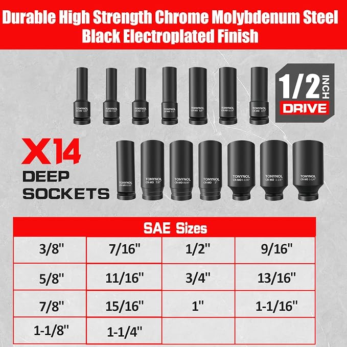 TONYNOL 1/2" Deep Drive Impact Socket Set,12‑Point,SAE (3/8"‑1‑1/4"),14Pcs | Cr-Mo Steel,With a Storage Case.