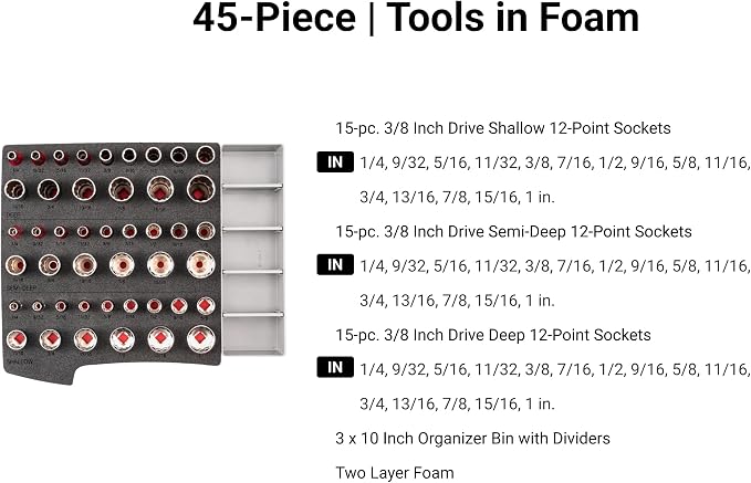 TEKTON 3/8 Inch Drive 12-Point Socket Set, 45-Piece | SHD91703 | (1/4 - 1 in.), Shallow, Semi-Deep, and Deep, Stacking Organizer, Custom Foam