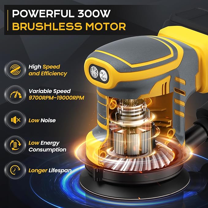 Cordless Random Orbital Sander Compatible for Dew 20V Max, 5-Inch Brushless Orbit Sander with 19000 RPM 6 Variable Speed, Electric Hand Sander With Dust Collector for Woodworking Sanding (No Battery)