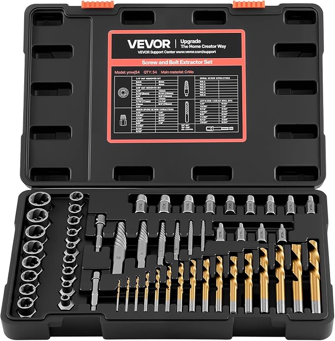 VEVOR Bolt Extractor Kit, 54 Pieces Easy Out Screw Extractor Set, Left Hand Drill Bit Set, Multi-Spline Extractors, for Removing Damaged, Stripped, Broken, Rusted, Rounded-Off Bolts, Nuts & Screws