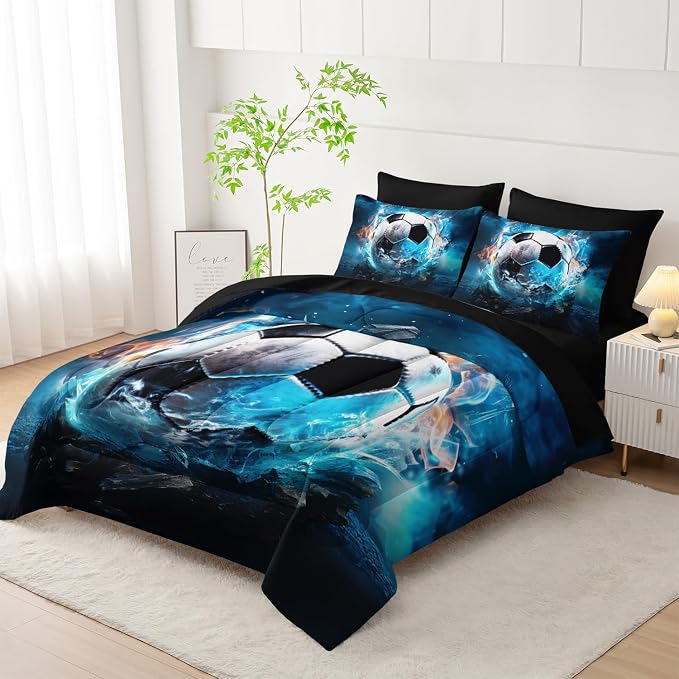 Kids Football Comforter Set,Bed in a Bag King Size 7 Pieces,Sports Themed Bed Set for Boys Teens,7Pcs Bedding Set with Comforter,Fitted Sheet,Flat Sheet,Pillowcases.