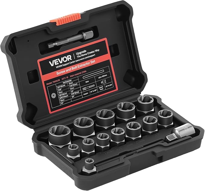 VEVOR Bolt Extractor Kit, 16 Pieces Impact Bolt & Nut Remover Set with Adapters and Pin Punch, Solid Storage Case, Cr-Mo Steel for Removing Damaged, Rusted, Stripped, Rounded Bolts, Nuts and Screws