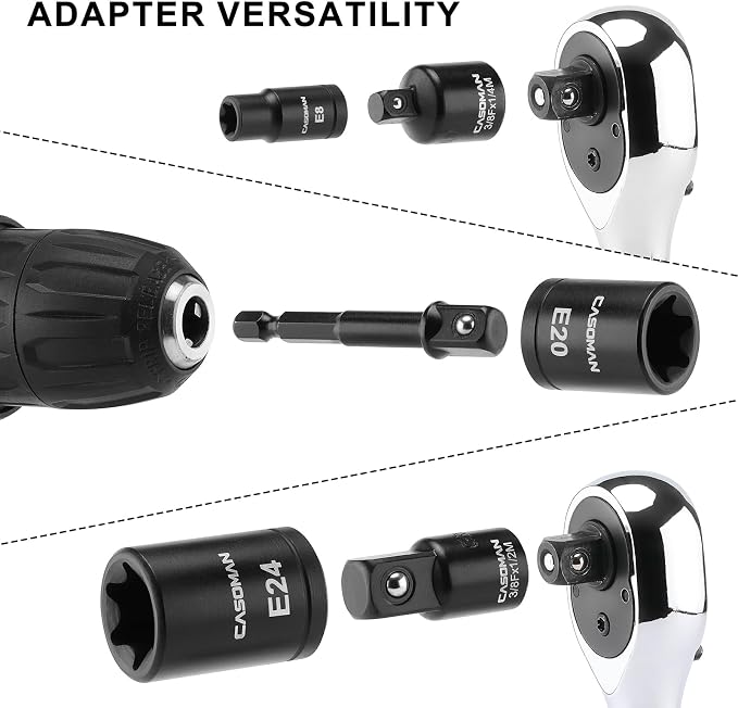 CASOMAN 32-Piece Torx Bit Socket and Female External Socket Set, 14 Star Bits (T8- T70) and 13 Female E-Torx Sockets (E4-E24), Include 5 Impact Socket Adapter