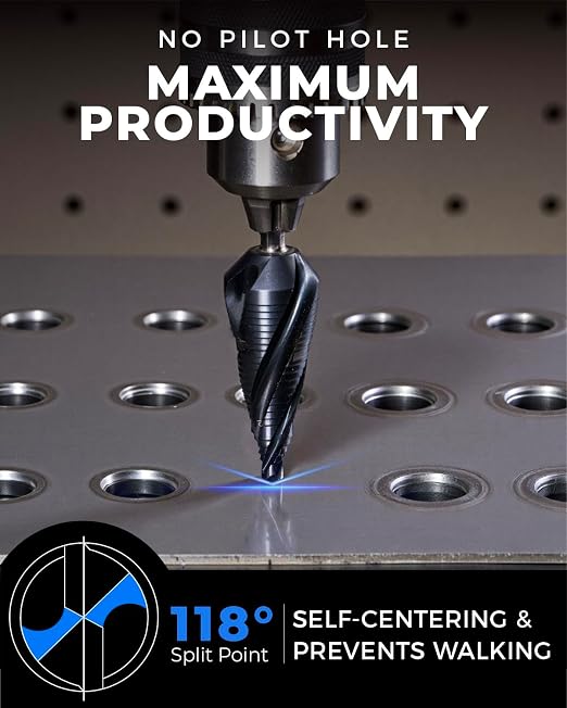 toolant Four Spiral Flute Cobalt Step Drill Bit(Pro), 1/4"-3/4" Impact Ready Unibit Step Drill Bit, 1/4" Hex Shank Step Bits for Metal, Stainless Steel, Aluminum, Plastic
