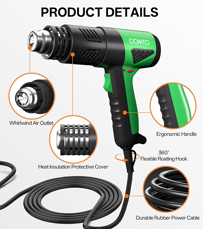 Heat Gun 1800W Fast Heating 122℉-1202℉ Heavy Duty Hot Air Gun Variable Temperature Control Overheat Protection 2 Speed Air Flow with 4 Nozzles for Crafts, Shrinking Tubing, Vinyl Wrap (SG-1004)