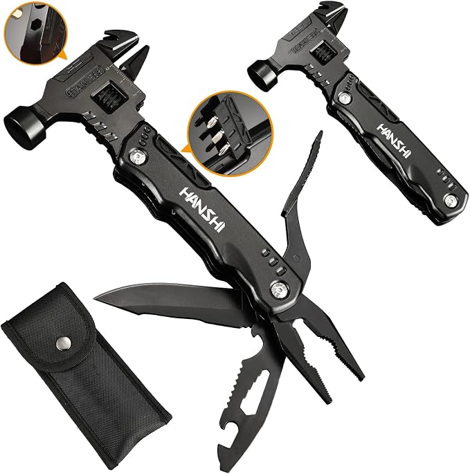 HANSHI Adjustable Wrench Multitool Hammer with Nylon Sheath for Gift