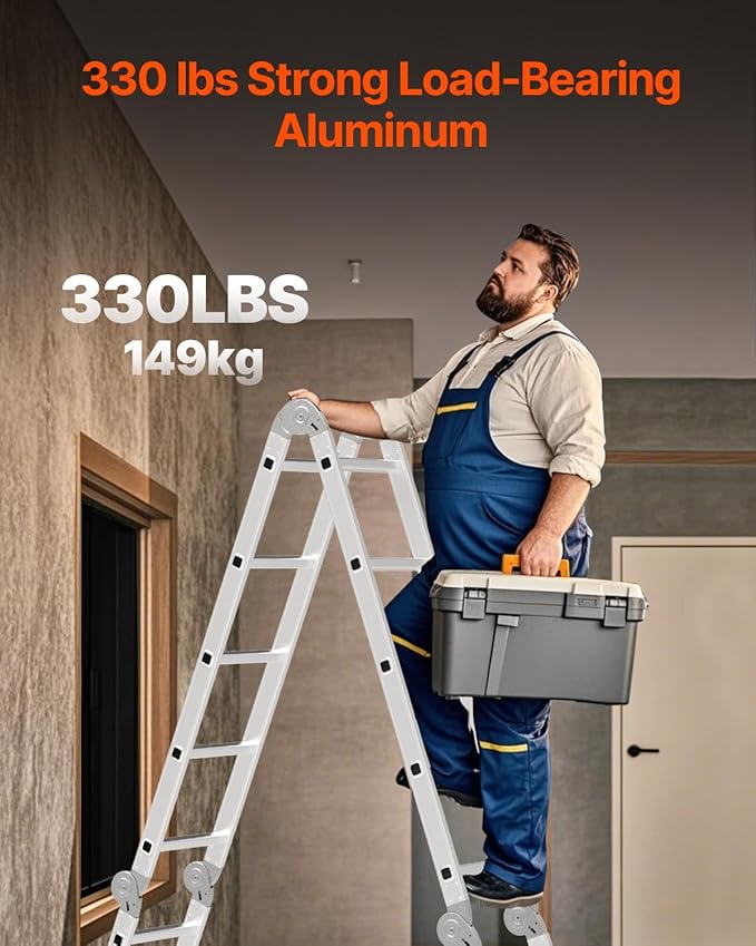 VEVOR Multi-Purpose Folding Ladder, 7-in-1 Tall Extension Step Ladder, A Frame 5 Step Telescoping Ladder, 19ft Reach Height Heavy Duty Adjustable Ladder, 330 lbs Capacity for Home Outdoor Metal