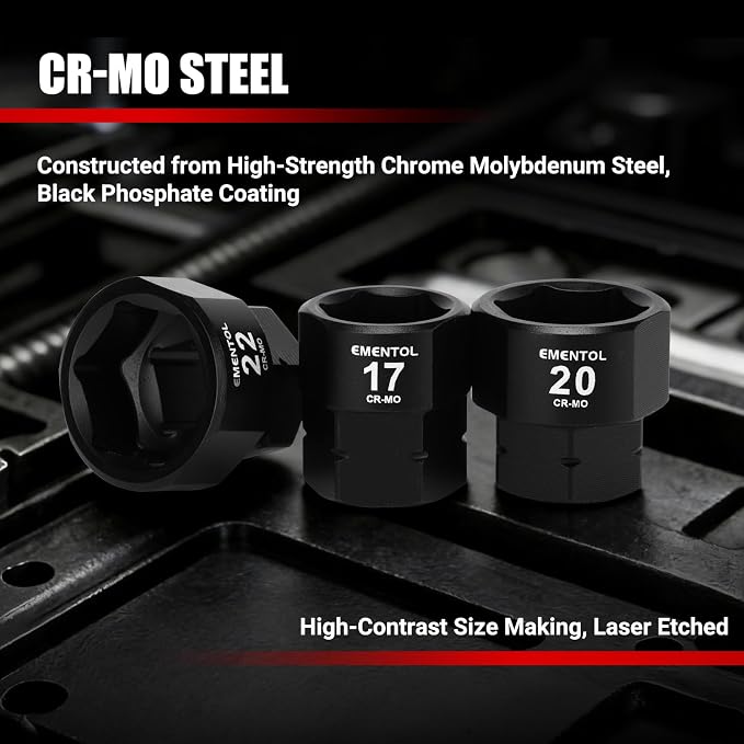 EMENTOL 1/2" Drive Low Profile Impact Socket Set, 14 Pieces Stubby Nano Sockets, CR-MO, Metric, 17mm -30mm