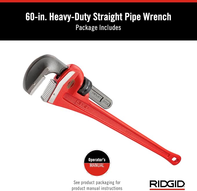 Ridgid 60 HD 8" capacity, 60" Long Heavy-Duty Straight Pipe Wrench, Red, Medium