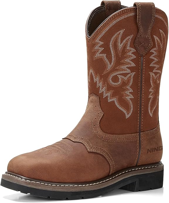 HISEA NINGO Steel Toe Work Boots for Men, Waterproof Square Toe Cowboy Boots Slip on, Comfortable Soft Toe Pull on Western Safety Work Shoes for Construction Industrial Working Welding Riding, Brown