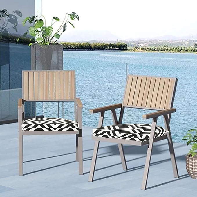 Cozyide Outdoor Chair Cushions, Waterproof Patio Seat Cushions with Adjustable Straps, Round Corner Patio Chair Cushions for Garden, Black Geometry, 17x16x2 Inch (Pack of 2)