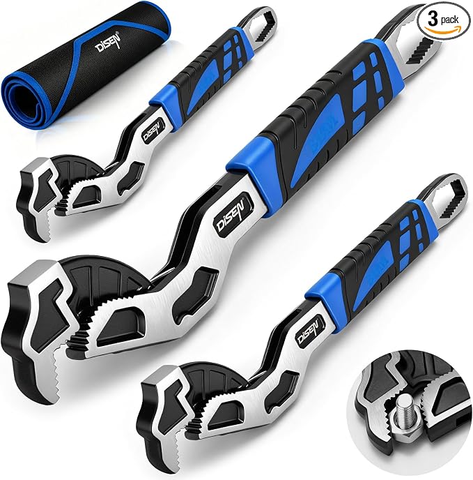 DISEN 3PCS Self Adjusting Pipe Wrench 6”, 8”, 10” | Multifunctional Self Locking Wrench Set, Plumbing Tools for Pipe Fittings and Nuts, Chromium Vanadium Steel