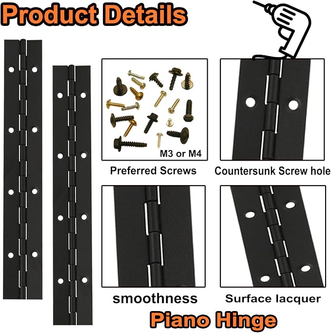 6Pack 8Inch Piano Hinges, Black Piano Hinge,Stainless Steel 304 Continuous Folding Hinges for Doors, Cabinets, Window