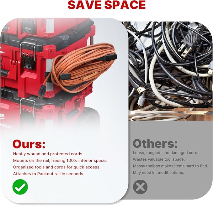 BYERN AUTO Extension Cord Holder Compatible with Milwaukee Packout Toolbox | Heavy Duty Cord Holder with Rail Clips, Holds 50ft Extension Cable to Efficient Storage and Management