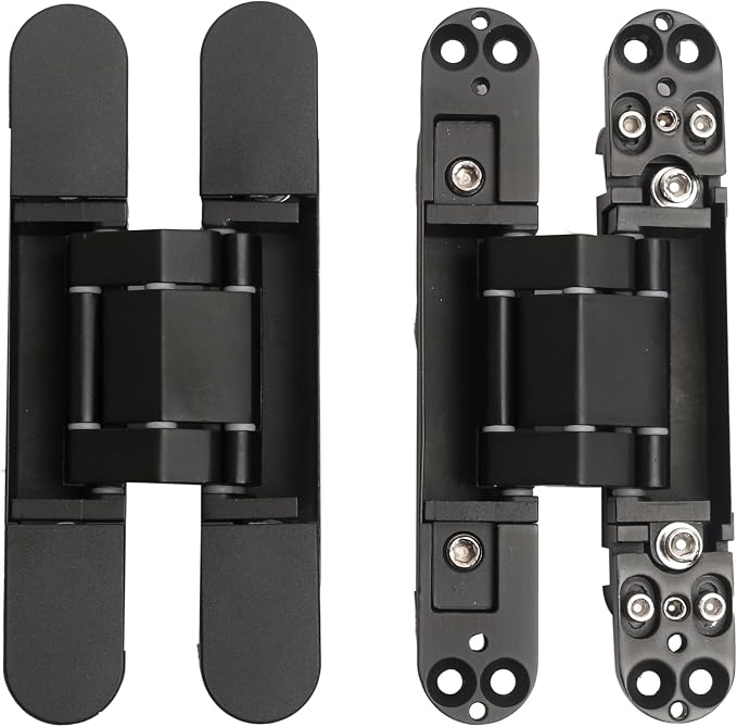 8-Pack 6 inch Hidden Door Hinges Heavy Duty Black, Invisible Concealed Hinges Zinc Alloy 6''x 2.5''x1Inch,180 Degree Swing Hinge, 3 Way Adjustable Hinge with Pins and Screws
