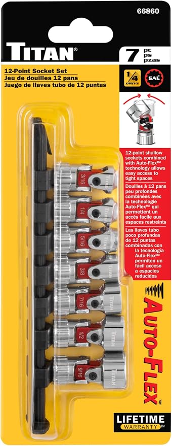 Titan 66860 7-Piece 1/4-Inch Drive SAE Auto Flex Universal Socket Set, 12-Point, 3/16-Inch to 9/16-Inch