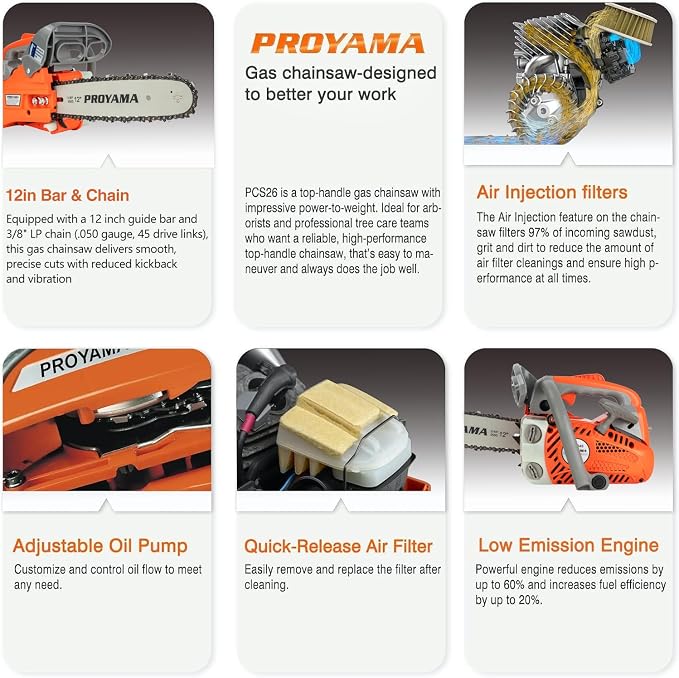 PROYAMA Gas Powered Top Handle Chainsaw, 12in Lightweight Petrol Chainsaw | 25.4cc Handheld Cordless Chain saw, EPA Certified, Easy Start Climbing Saw for Wood Cutting Tree Trimming Yard Work