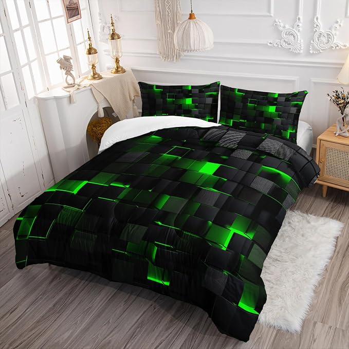 Nttopship Geometric Green Black Comforter Set,Light Honeycomb 3 Piece Bedding Set Queen Size for Teen Boys,Modern Quilt Set Geometry Decor,Microfiber Lightweight 1 Comforter 2 Pillowcases All Season
