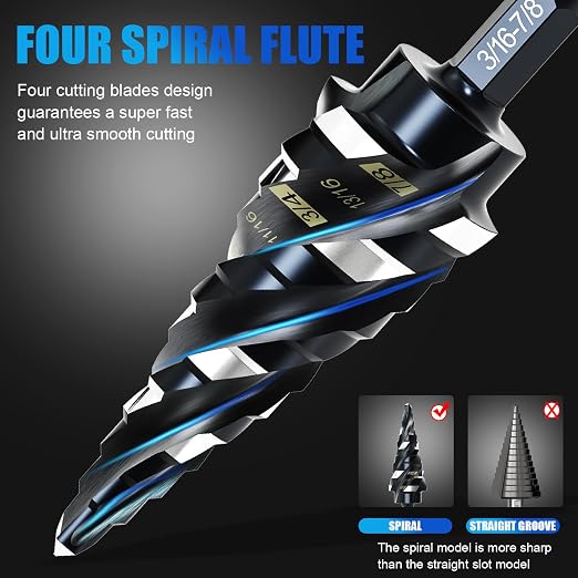 M35 Four Spiral Flute Step Drill Bit Set 1/8"-7/8"(3 pcs), 1/4" Hex Shank Unibit Step Drill bit, Impact Resistant M35 Cobalt Step Drill Bit, for Stainless Steel, Wood, Aluminum, Plastic