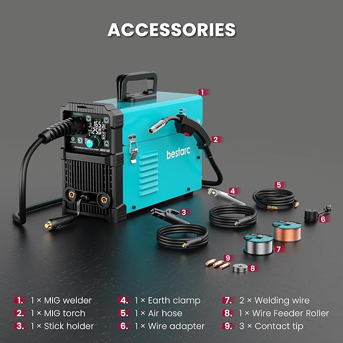 bestarc 165A MIG Welder, 110V 220V 4 in 1 Gas/Flux Core MIG/Lift TIG/Stick Welder Machine, Large LED Display Welding Machine, IGBT Inverter Welder MIG165 Soild Gasless Synergy MIG Welder