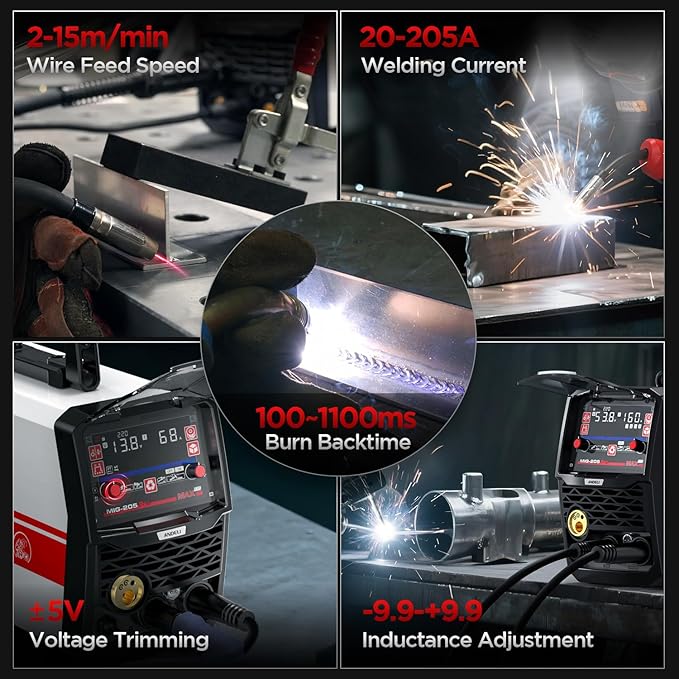 ANDELI 205A MIG Welder, 6-In-1 Multi Process Gas MIG/Spool Gun MIG/Flux Core MIG/Spot welding/Lift TIG/Stick Aluminum MIG Welding Machine With Large LED Display，110/220V Dual Voltage Welder Machine