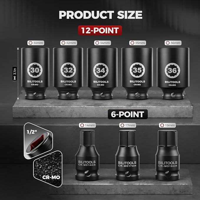 BILITOOLS 12 Point Axle Nut Socket Set, 1/2" Drive Spindle Nut Socket Set | for Wheel Bearing & CV Axle, Impact Deep 14mm 17mm 19mm 30mm 32mm 34mm 35mm 36mm, Compatible with Toyota, Honda, BMW, VW,Audi
