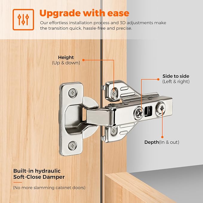 JOY DECOR Full Overlay 60 Packs (30 Pairs) Concealed Kitchen Cabinet Hinges 105 Degree Soft Close Adjustable Cabinet Door Hinges for Face Frame Cabinet