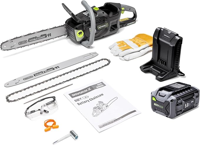 NovorikX 60V Brushless Cordless Chainsaw, 18"&16" Electric Chain Saw with 5.0Ah Battery & Charger, Automatic Oiler, Tool-Free Tension for Tree Trimming & Wood Cutting (60V Chainsaw Black)