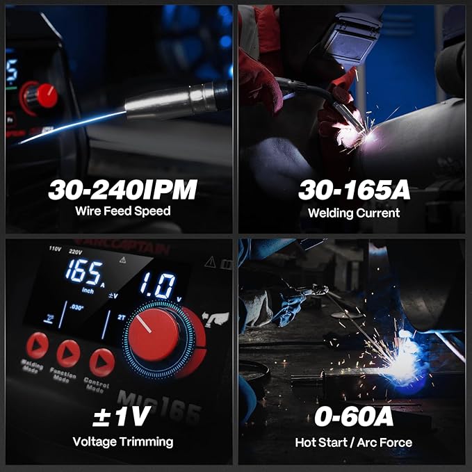 ARCCAPTAIN 165A MIG Welder 110V/220V [Large LED Display] 4 in 1 Gasless/Gas MIG/Lift TIG/Stick Welding Machine Multiprocess Welder Machine, IGBT Inverter Welder with Synergy, 2T/4T
