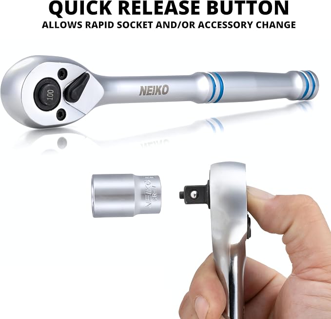 NEIKO 3/8 Inch Ratchet Wrench, 100-Tooth Reversible, 3.6 Degree Swing, Quick Release, 8" Long Handle, Silver Chrome Vanadium Steel