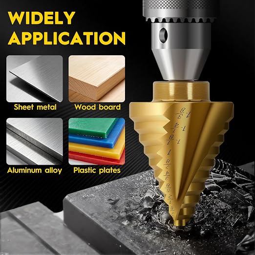 Titanium Step Drill Bit - 4241 HSS Step Bit with Two Spiral Grooved,1/4" to 1-3/8" Spiral Flute Step Bit for Metal, 10 Sizes HSS Step Drill Unibit for Metal, Aluminum, Wood & Plastic