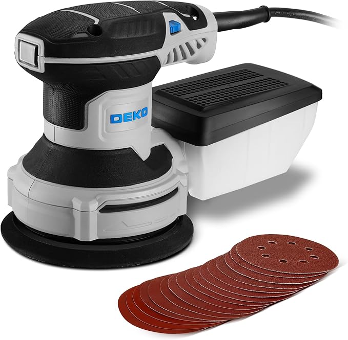 Orbital Sander Corded Hand Sander: DEKOPRO 5" Random Orbital Sander with Dust Box, 6 Various Speeds Electric Palm Sander with Dust Box, 16Pcs Sandpapers for Woodworking & Sanding (Blue)