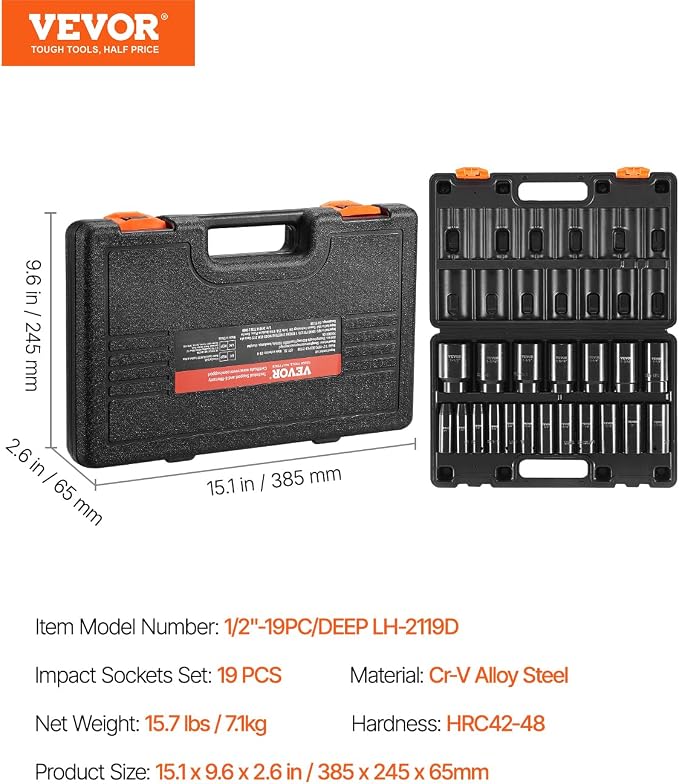 VEVOR Impact Socket Set 1/2 Inches 19 Piece, Deep Socket, 6-Point Sockets, Rugged Construction, Cr-V, 1/2 Inches Drive Socket Set Impact 3/8 inch - 1-1/2 inch, with a Storage Cage