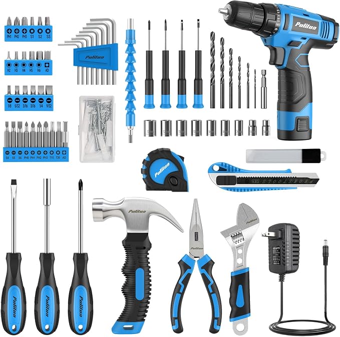 PULITUO Tool Set, 149-Piece Home Drill Set with Blue 12V Cordless Drill, Tool Box, Hand Tool Kits for Women & Men and DIY Enthusiasts, for Home Improvement